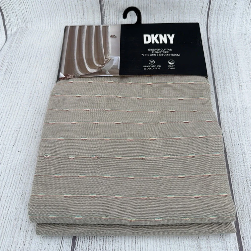 DKNY Shower Curtain Elsa Stripe Beige Pink Aqua Cotton Blend Modern Crisp Clean
